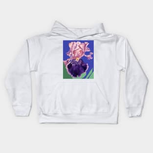 Iris Watercolor Painting - Glorious Purple on Navy Blue Kids Hoodie